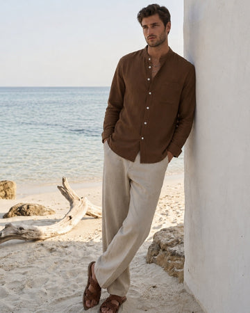 Chemise homme col mandarin – coupe décontractée en coton texturé